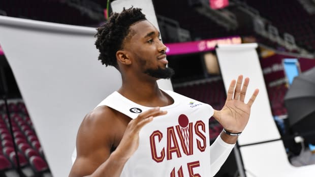 Donovan Mitchell poses for a photo during media day.